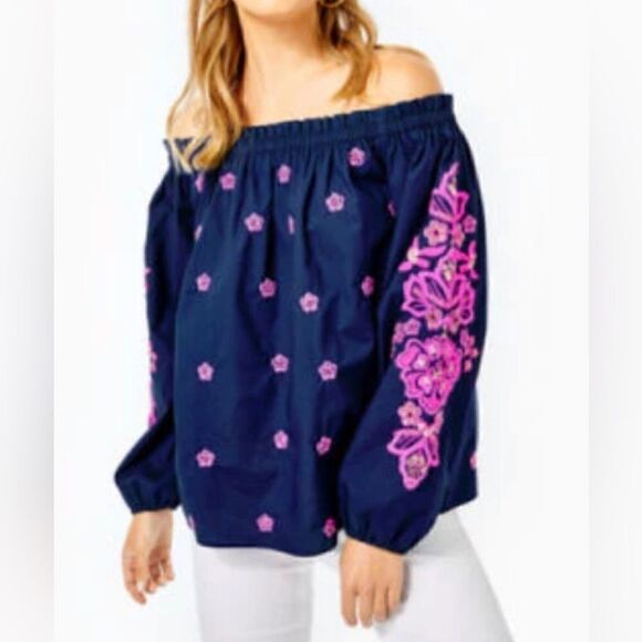 Lilly Pulitzer Jaeda Off the Shoulder Top in Navy - Size XSmall - Picture 3 of 12
